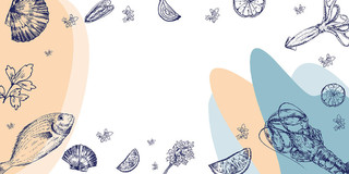 蓝色喷绘卡通鱼龙虾扇贝鱿鱼海鲜美食菜单边框展板背景